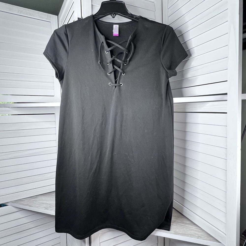No Boundaries Black Lace-Up‎ T-shirt Dress Juniors XL (15-17) Stretch Knit EUC!